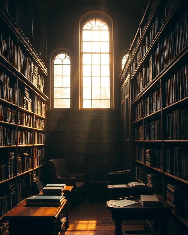 Biblioteca clássica com estantes de livros e luz de manhã